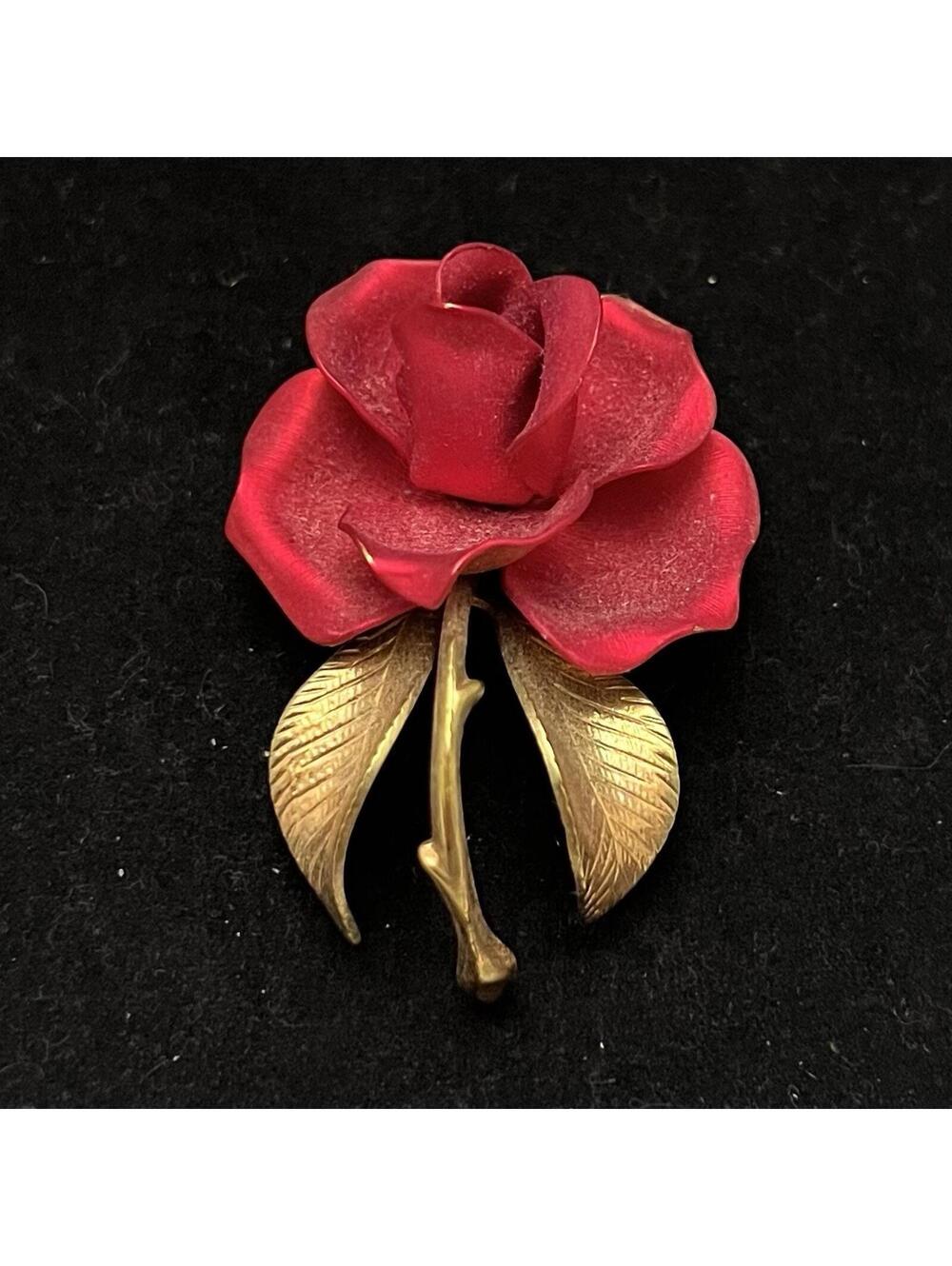 Giovanni Antonio Cerrito Vintage Red Satin Single Rose Brooch Pin 2", Gold Tone - Picture 2 of 4